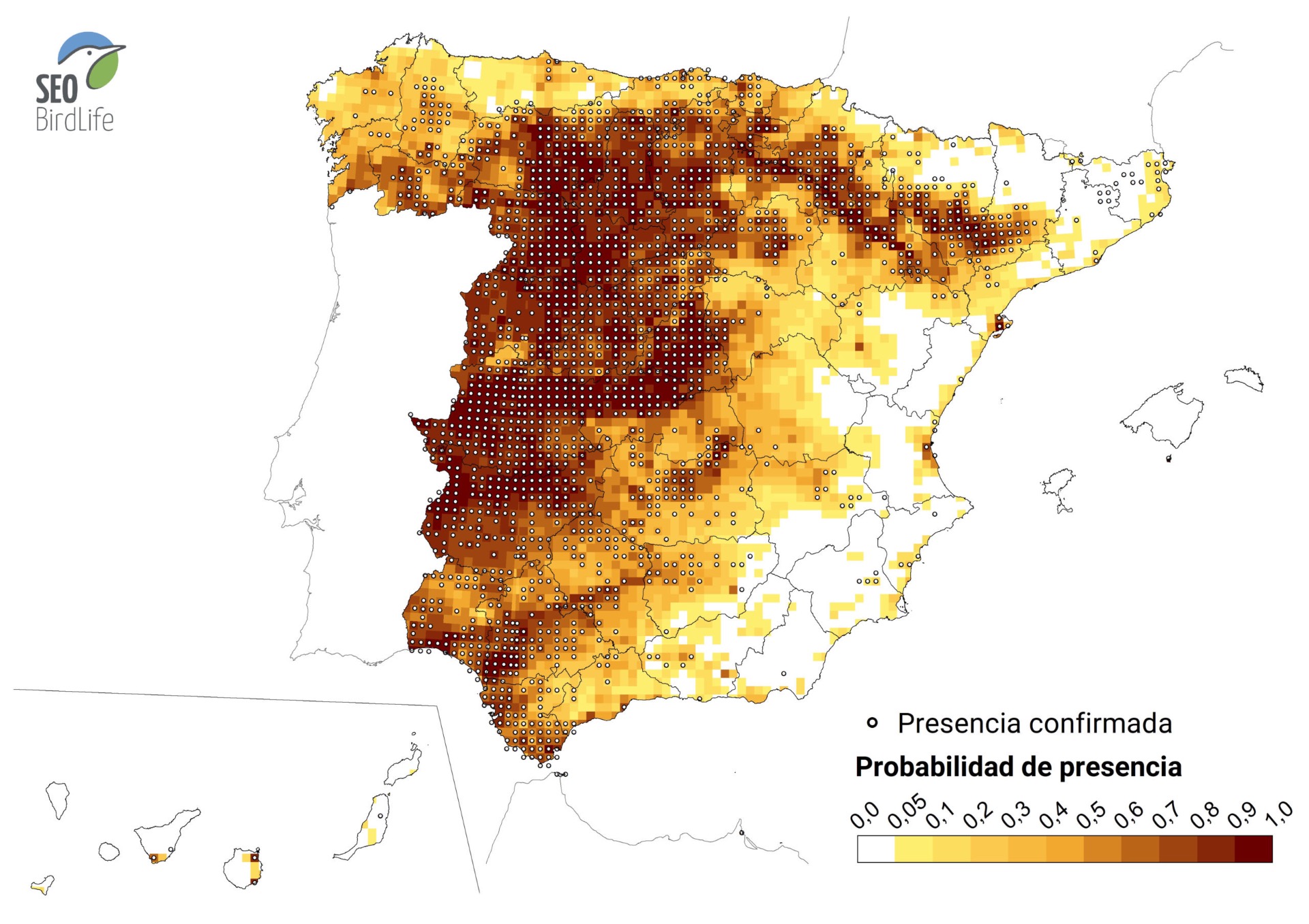 1 "Mapa de probabilidad de presencia de cigüeña blanca en España, basado en datos del Atlas de Aves de SEO/BirdLife (hasta 2018; representativo de tendencias recientes).